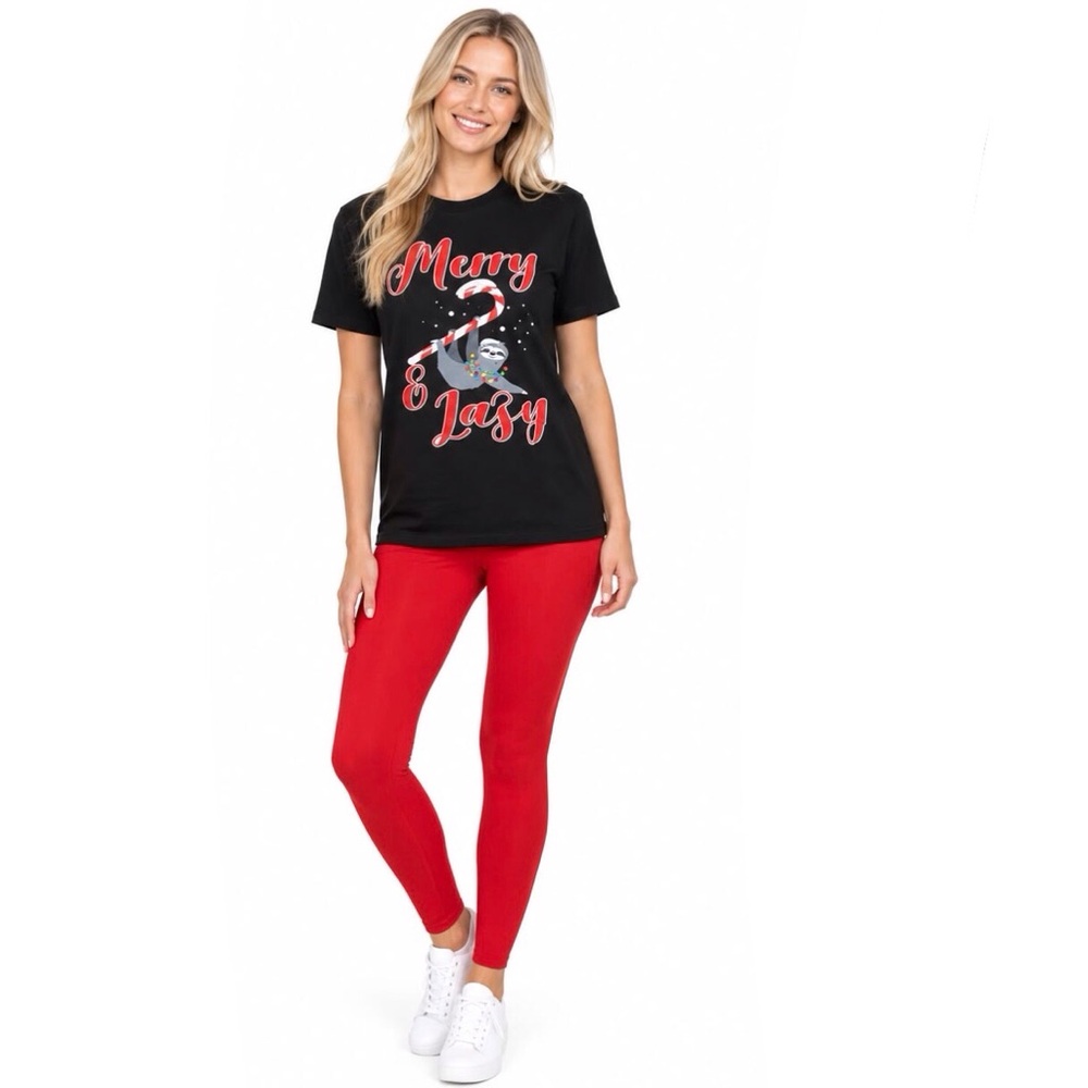 Merry & Lazy Sloth Ugly Christmas Short Sleeve Tee Shirt 2X With Sloth Face Mask